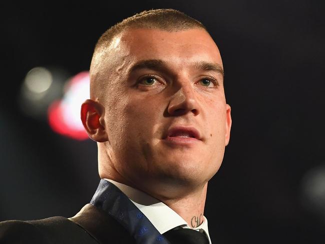 MELBOURNE, AUSTRALIA - SEPTEMBER 25:  Dustin Martin of the Tigers speaks after being awarded the 2017 Brownlow Medallist at the 2017 Brownlow Medal at Crown Entertainment Complex on September 25, 2017 in Melbourne, Australia.  (Photo by Quinn Rooney/Getty Images)