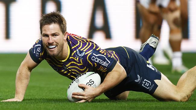 Chris Lewis celebrates his try against Manly. Picture: Daniel Pockett/Getty Images