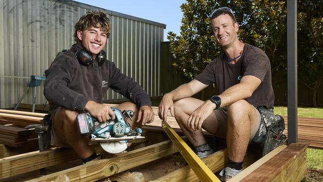 Carpenters, Khoen Peters, 18, and Sam McGradey, 32, from Edge Projects Co working on a project in Melrose Park. Picture: Matt Loxton