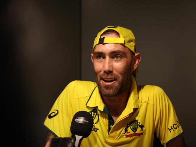 MUMBAI, INDIA – NOVEMBER 07: Glenn Maxwell of Australia speaks to the media after he hit the winning runs, finishing unbeaten on 201 not out during the ICC Men's Cricket World Cup India 2023 between Australia and Afghanistan at Wankhede Stadium on November 07, 2023 in Mumbai, India. (Photo by Robert Cianflone/Getty Images)