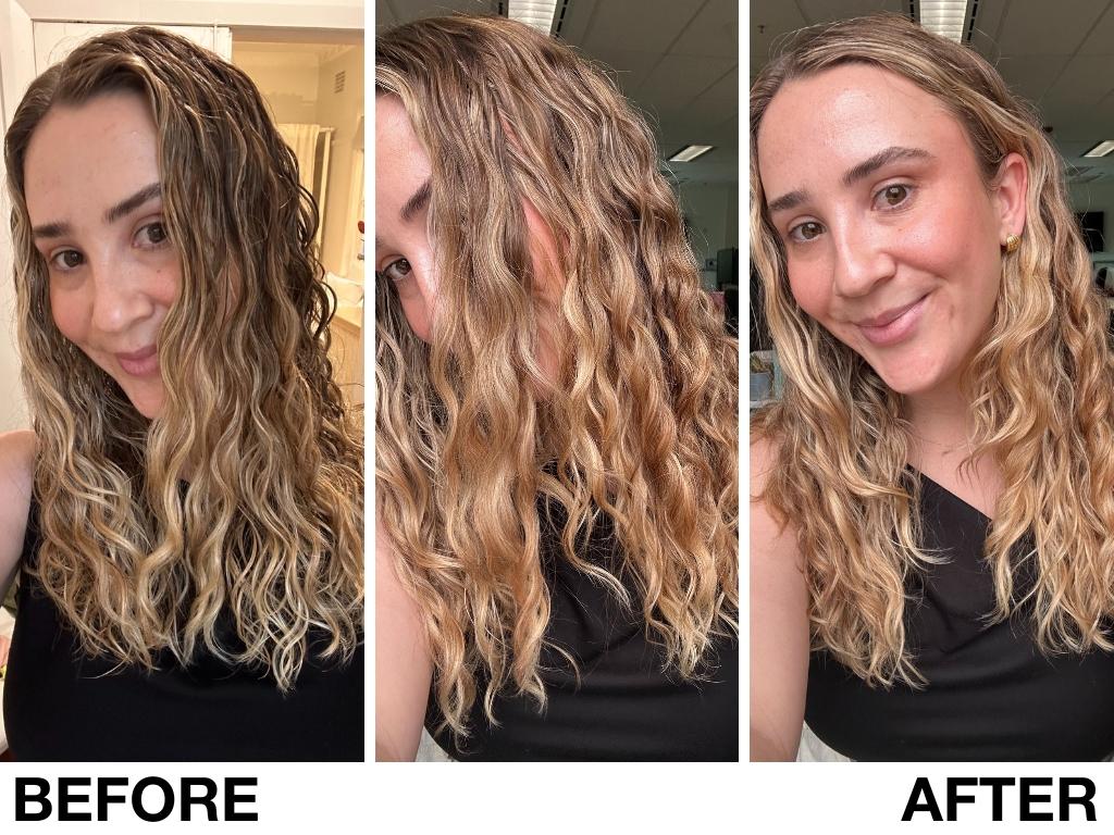 Philippa's hair before and after using the new Dyson products. Picture: news.com.au/Philippa Tonkin.