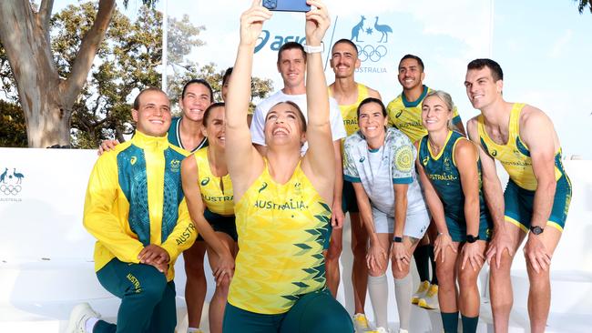 Brandon Starc (far right) with other Australian Olympians as the uniforms for the Paris Games were revealed.Picture: NCA NewsWire / Damian Shaw