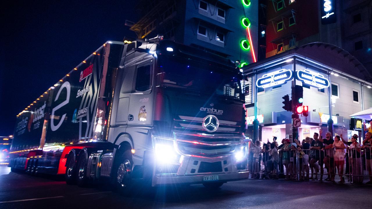 A convoy of trucks arrives in Darwin's CBD to announce the arrival of the Supercars for the round at Hidden Valley Raceway. Picture: Che Chorley