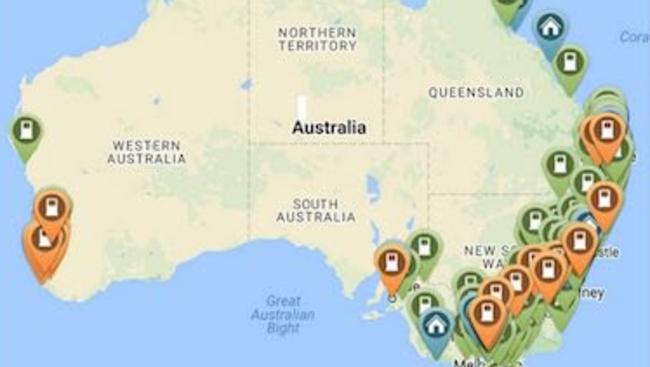 Electric car charging points in March 2016. Picture: Supplied/ PlugShare