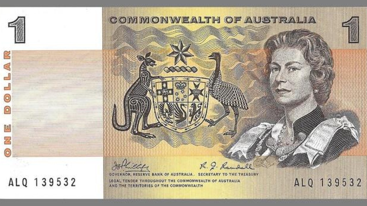 An old $1 Australian note featuring Queen Elizabeth II.