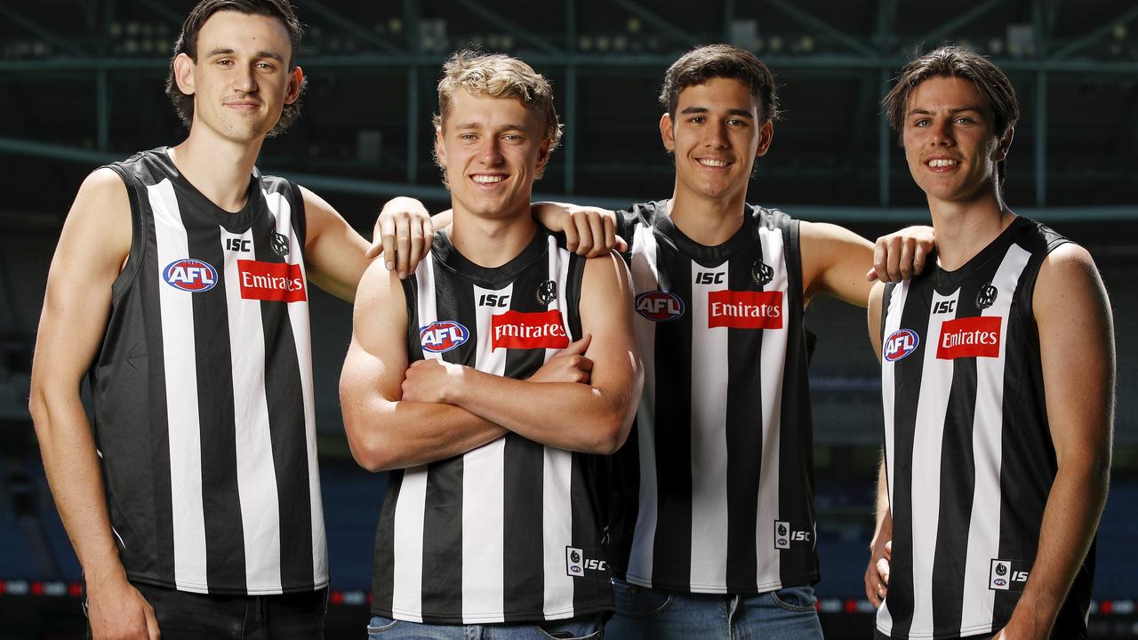 (from left) Liam McMahon, Finlay Macrae, Reef McInnes and Oliver Henry were part of Collingwood’s 2020 draft crop. Picture: Getty Images