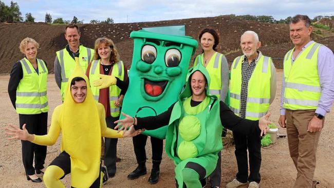 Willy the wheely bin and friends along with Council Director of Community and Natural Resources, Tracey Stinson, Soilco General Manager Charlie Emery, Mayor of Tweed Katie Milne, Deputy Mayor Chris Cherry and Councillors Ron Cooper and Pryce Allsop. Picture: Supplied