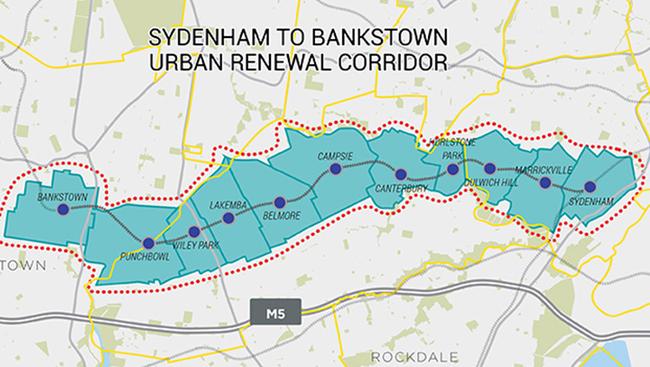 A map showing the proposed Sydenham to Bankstown urban renewal corridor.