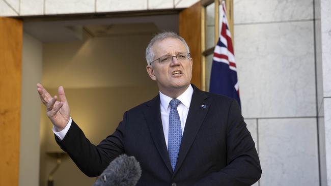 Prime Minister Scott Morrison talking up new energy technologies at a press conference in Parliament House in Canberra. Picture: NCA NewsWire / Gary Ramage