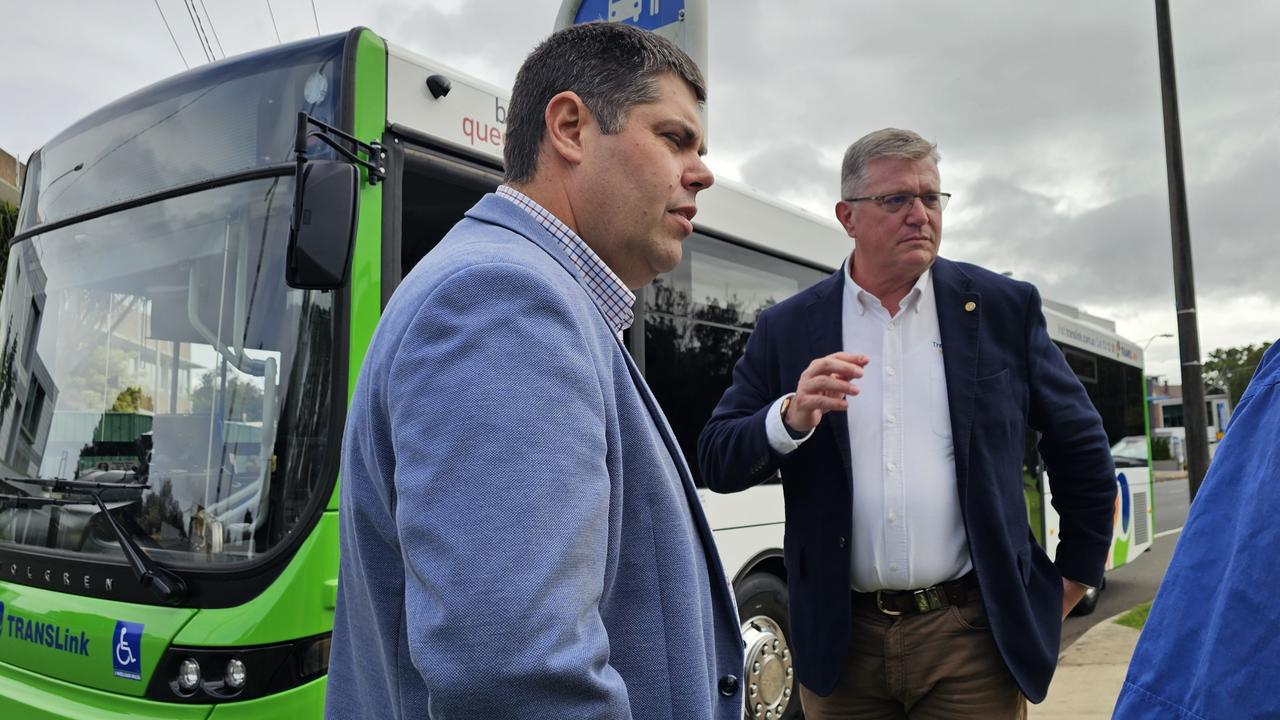 Queensland transport minister Brent Mickelberg with Toowoomba North MP Trevor Watts outside a Bus Queensland bus on Kitchener Street in East Toowoomba.