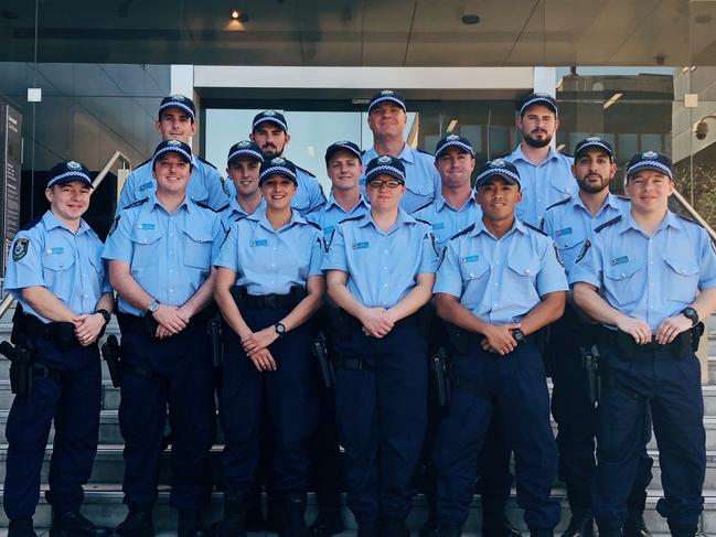 Constable Tim Proctor (front, second from left) with his fellow probationary constables at Liverpool City Police Area Command in May 2018. Picture: Eliza Barr.