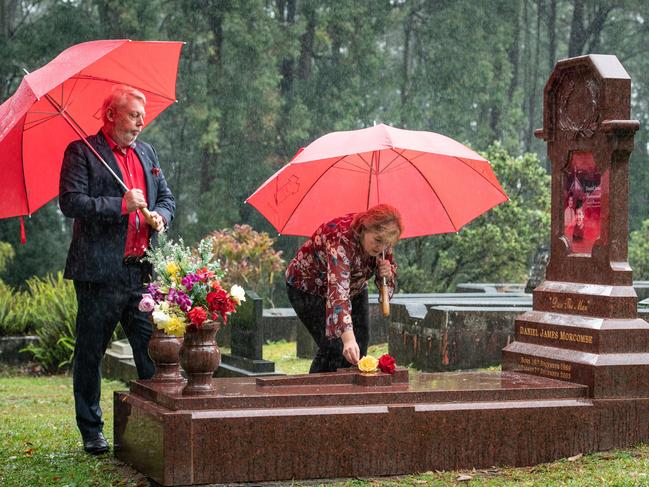 Bruce and Denise Morcombe visit the grave of their son Daniel Morcombe in Palmwoods, Queensland. Picture: Brad Fleet/ National News Network