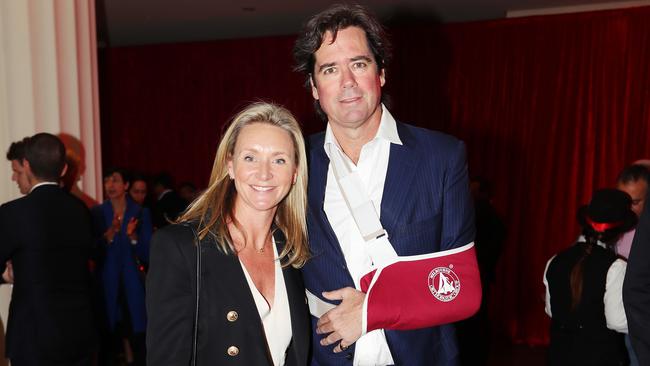 AFL boss Gill McLachlan arrived at the Million Dollar Lunch fundraiser with his arm in a sling. Picture: Rebecca Michael