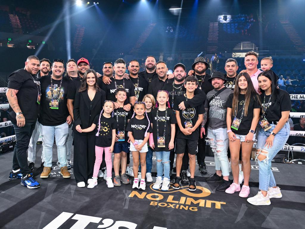 Team Tim Tszyu celebrate after a defeat of Carlos Ocampo at the Gold Coast. Picture: No Limit Boxing