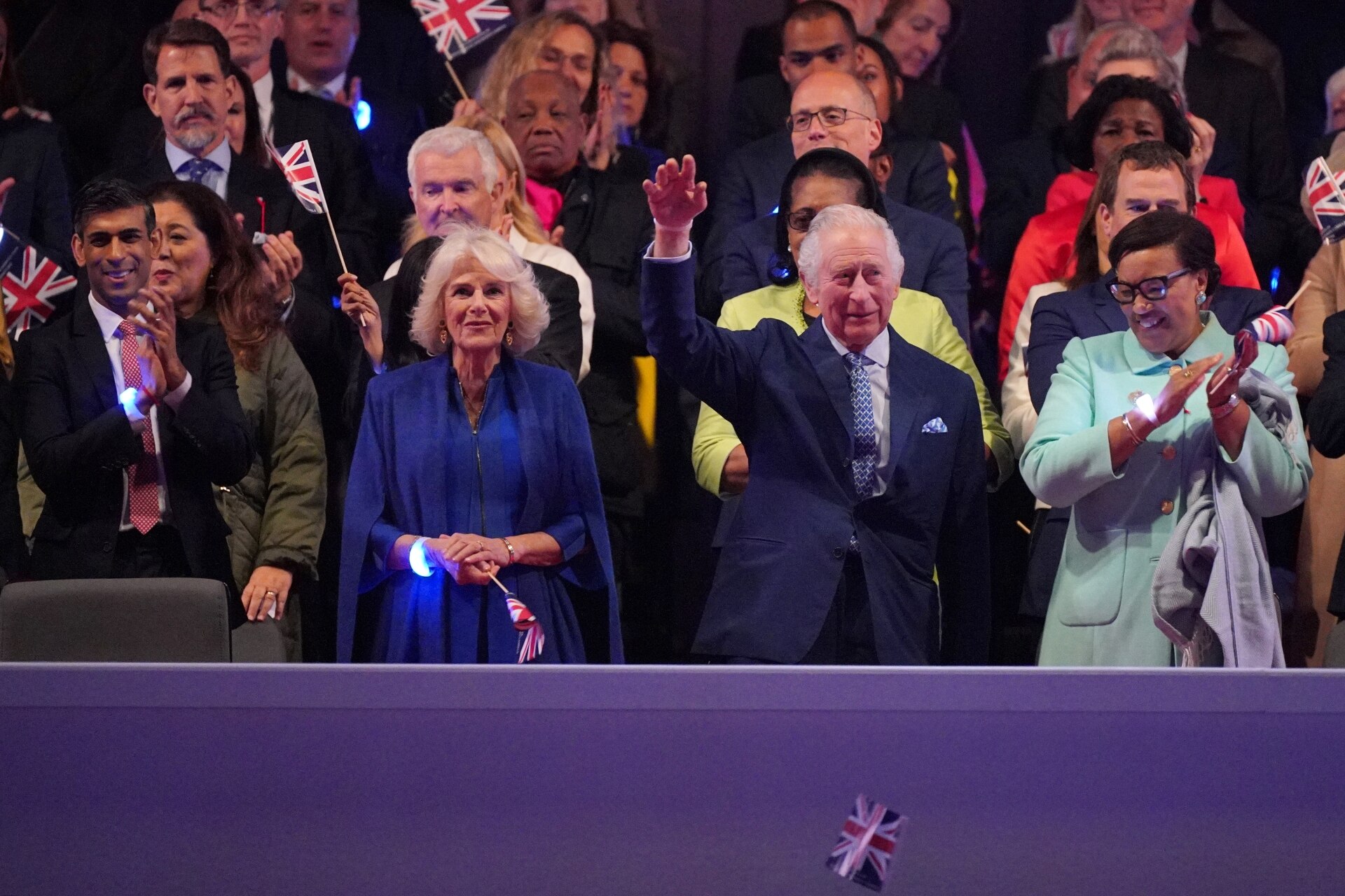 <p>Prime Minister Rishi Sunak, Akshata Murty, Queen Camilla, King Charles III and Commonwealth Secretary-General, Patricia Scotland, Baroness Scotland of Asthal</p>