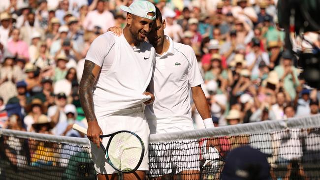 Novak Djokovic and Nick Kyrgios at the net following last year’s Wimbledon final. Picture: Getty Images.