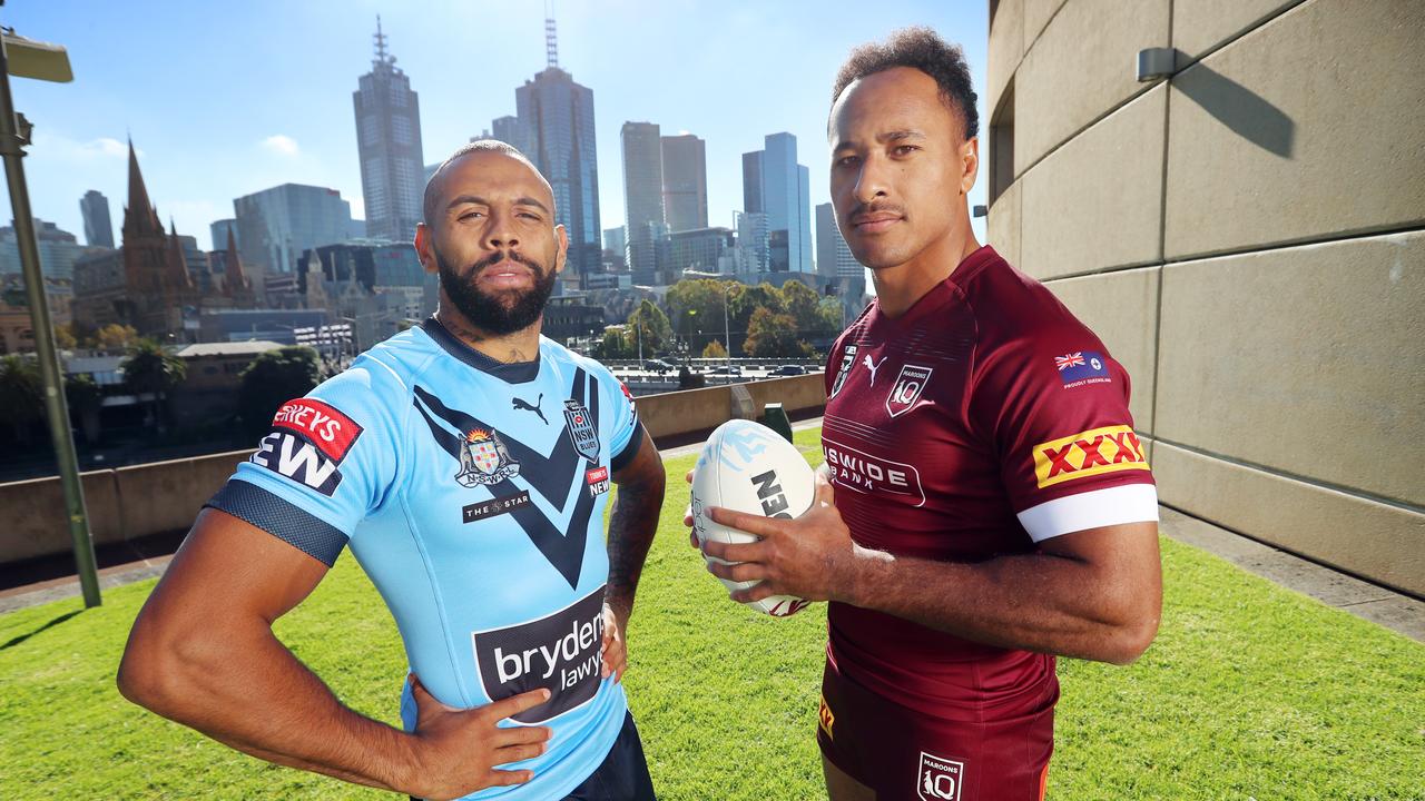 With the first State of Origin game at the MCG this year, the NRL series launch tomorrow is at the Victorian Arts Centre. Storm stars Josh Addo-Carr (Blues) and Felise Kaufusi (Maroons) ready for action. Picture: Alex Coppel.
