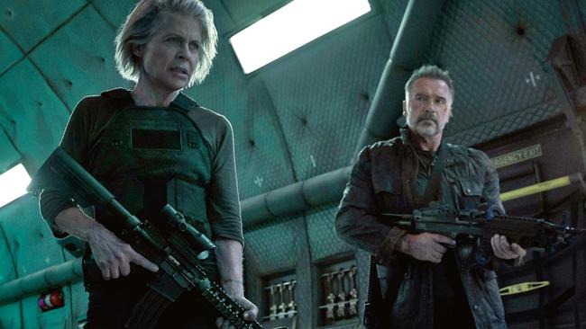 Linda Hamilton and Arnold Schwarzenegger reunite in Terminator: Dark Fate. Picture: Australscope