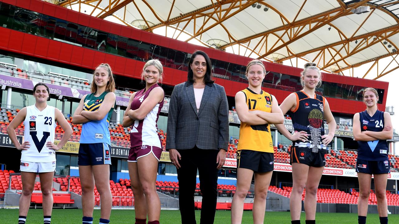 From left: Lucy McEvoy, Georgia Garnett, Lily Postlethwaite, Montana McKinnon and Isabella Grant are all a chance to get drafted on Tuesday. Mikayla Bowen (third from right) has already been picked up by West Coast. Photo: Bradley Kanaris