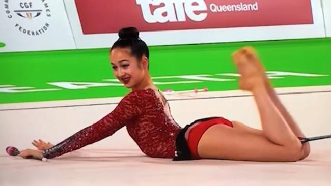 Canadian gymnast Katherine Uchida is all smiles in her routine.