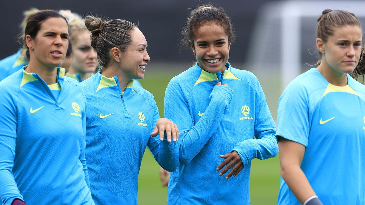 Kyah Simon and Mary Fowler with the team as the MatildaÃ&#149;s train at Perry Park in Brisbane ahead of their 3rd place playoff against Sweden in the 2023 WomenÃ&#149;s World Cup at Suncorp Stadium on Saturday night. Pics Adam Head