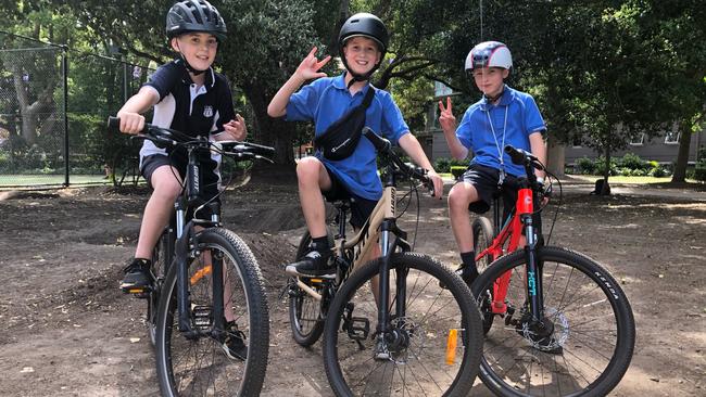 (L-R): Indiana Hanrahan, Jack Cameron and Linus Brawn at the BMX track at Rushcutters Bay Park