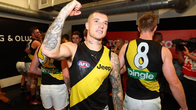 Dustin Martin celebrates the win over Brisbane.