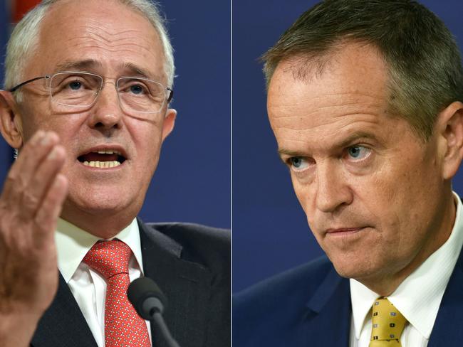 (COMBO) This combination of pictures created on May 8, 2016 shows Australian Prime Minister Malcolm Turnbull (L) speaking at a press conference in Sydney on May 6, 2016, where he announced Singapore will invest up to 1.67 billion USD in Australia's defence infrastructure and hike the number of its troops training here as the nations deepen trade and defence ties, and Australia's opposition Labor Party leader Bill Shorten (R) speaking to the media in Sydney after Australia's Prime Minister threatened on March 21, 2016, to hold early general elections in July unless the upper house agrees to pass deadlocked legislation to overhaul unions. Turnbull on May 8, 2016 called an election for both houses of parliament on July 2 as he seeks his own mandate with the public just eight months after deposing predecessor Tony Abbott in a party coup. / AFP PHOTO / William WEST AND William WEST