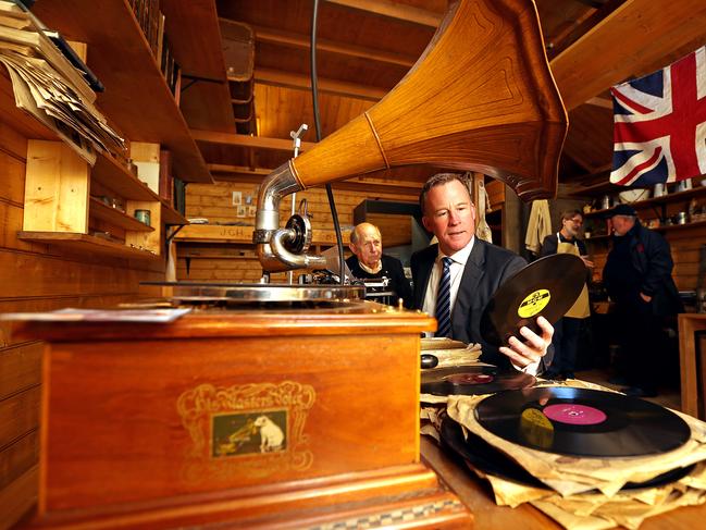 premier Will Hodgman checks the vinyl collection at the Mawson's Huts Replica Museum with the chairman of the Mawson's Huts Foundation David Jensen. pic Sam Rosewarne