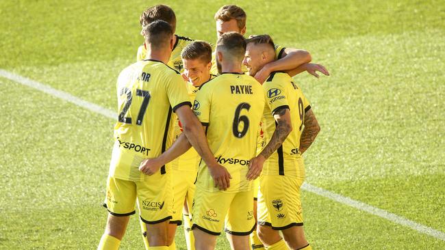 Phoenix players celebrate David Ball’s goal. Picture: Getty Images