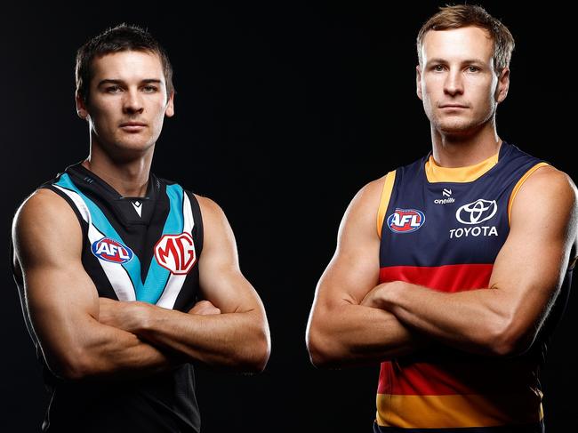 MELBOURNE, AUSTRALIA - FEBRUARY 24: Connor Rozee of the Power and Jordan Dawson of the Crows pose  during the 2025 AFL Captains Day at Marvel Stadium on February 24, 2025 in Melbourne, Australia. (Photo by Michael Willson/AFL Photos via Getty Images)