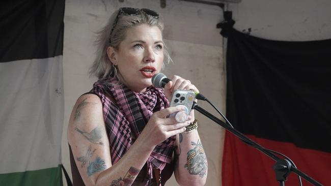 Writer Clementine Ford speaks at Sunday’s pro-Palestine rally in Melbourne. Picture: Valeriu Campan