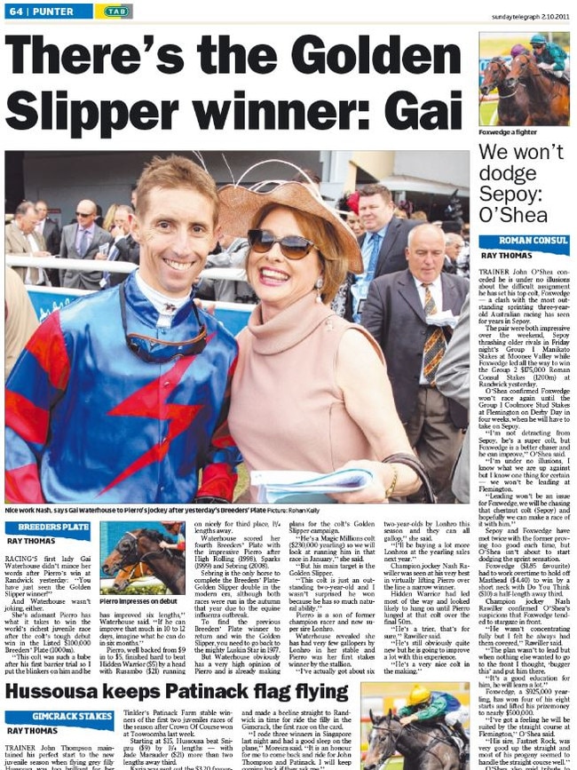 Ray Thomas's The Daily Telegraph story from 2012 when Gai Waterhouse declared Pierro as that year's Golden Slipper winner.