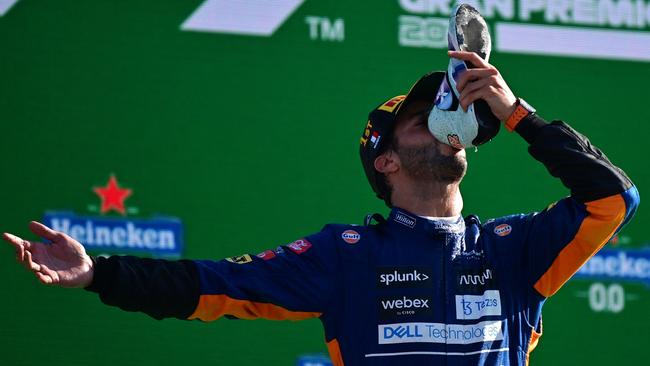 Daniel Ricciardo celebrates his Italian Grand Prix victory with his customary shoey. Picture: AFP