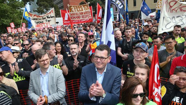 Premier Daniel Andrews joins union members outside Trades Hall. Picture: David Crosling