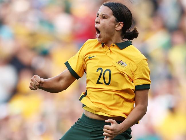 SYDNEY, AUSTRALIA - FEBRUARY 19: Sam Kerr of Australia celebrates scoring a goal that was later ruled offside during the 2023 Cup of Nations Match between Australian Matildas and Spain at CommBank Stadium on February 19, 2023 in Sydney, Australia. (Photo by Matt King/Getty Images)