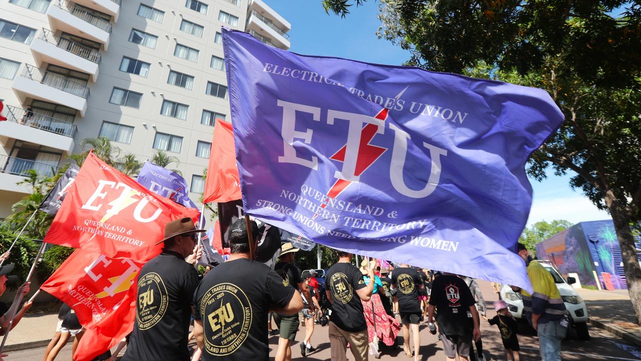 Electrical Trades Union members marched through Darwin for the annual May Day march, celebrating union victories including the eight-hour work week, on Monday, May 5. Picture: Zizi Averill