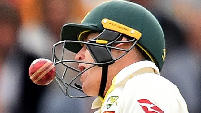 Marnus Labuschagne reacts as a Jofra Archer ball hits him on the helmet on the fifth day of the second Ashes Test. Picture: Glyn Kirk/AFP