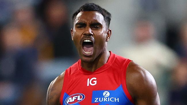 BRISBANE, AUSTRALIA - JUNE 28: Kysaiah Pickett of the Demons celebrates a goal during the round 16 AFL match between Brisbane Lions and Melbourne Demons at The Gabba, on June 28, 2024, in Brisbane, Australia. (Photo by Chris Hyde/AFL Photos/via Getty Images)