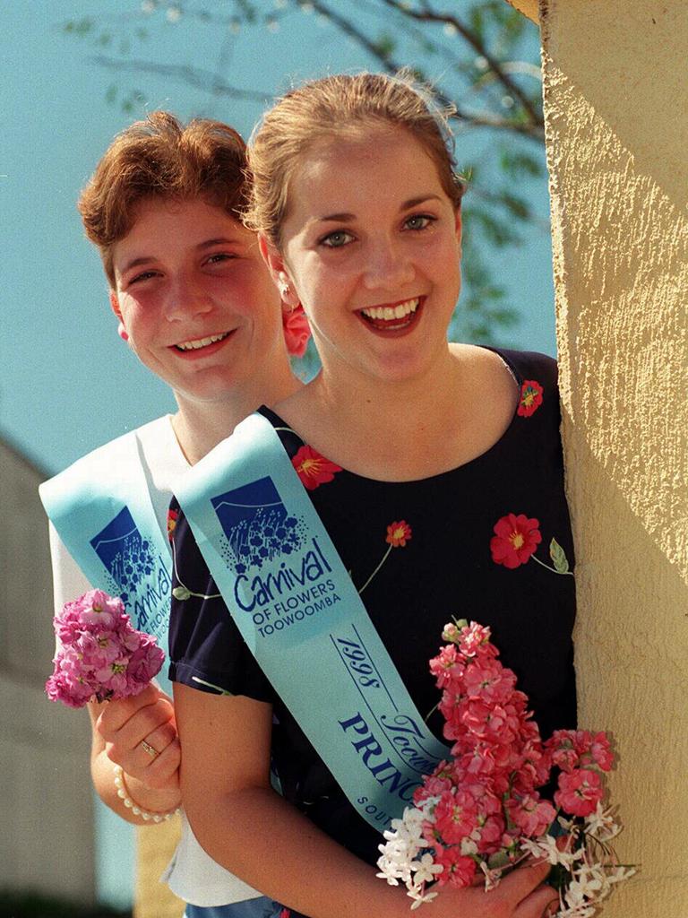 Madonna Lucas, Toowoomba Carnival of Flowers princess with entrant Kayla White - 13 Sept 1998 socials headshot