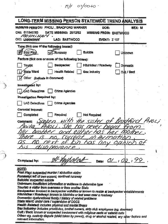 Police log Bradford as a runaway and list “foul play” in their official report.