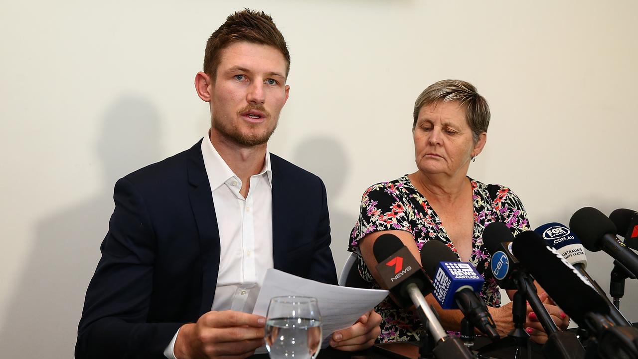 Cameron Bancroft addresses the media alongside WACA CEO Christina Matthews. Photo: Paul Kane/Getty Images. 