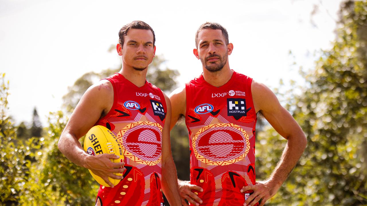 Dan Rioli and Ben Long in the Gold Coast Suns' special edition Darwin/Larrakia Indigenous Guernsey for the two Darwin matches.