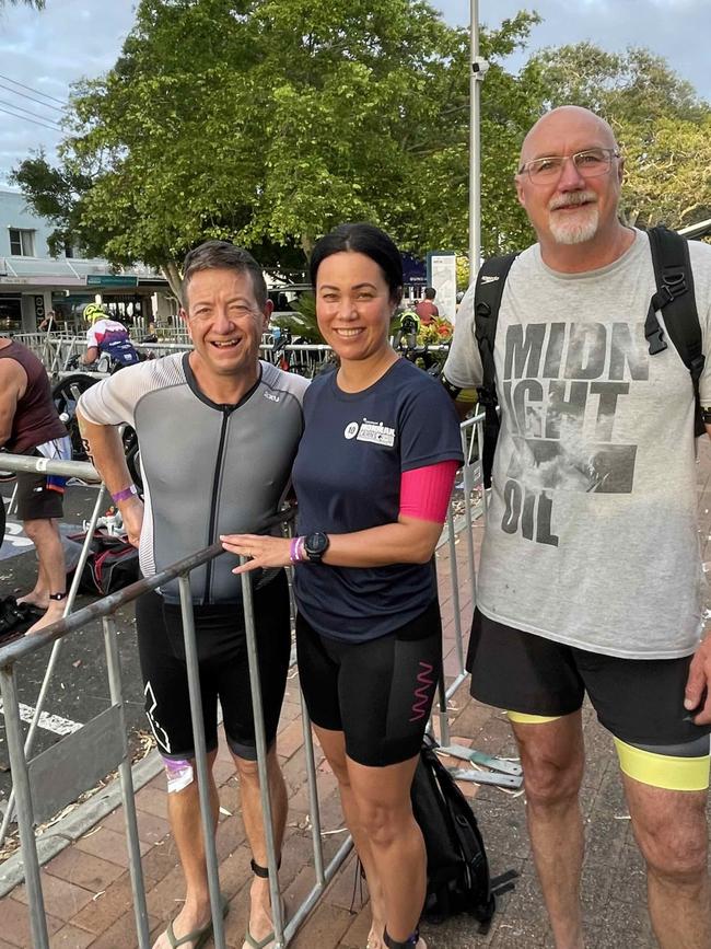 Bruce Nolan, Selina Sharratt and Mark Jarvis at the Hervey Bay 100 Triathlon on Sunday, November 26, 2023.