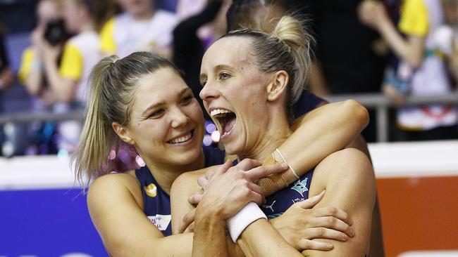 Kate Moloney and Renae Ingles of the Vixens celebrate the win. Picture: Getty Images