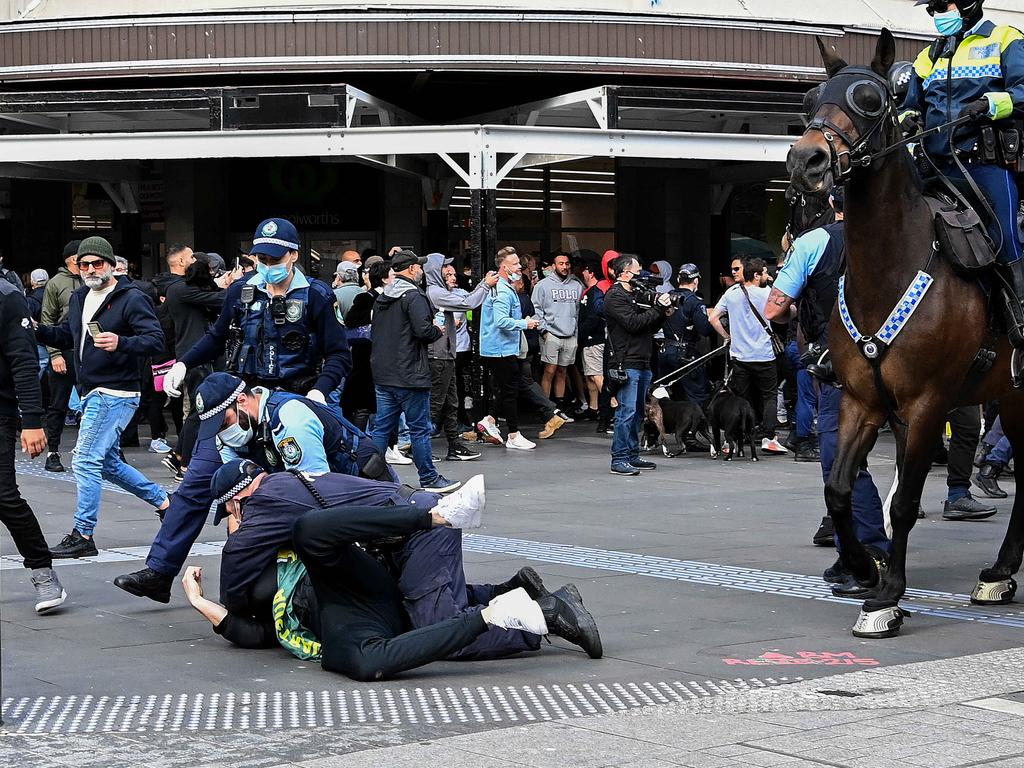 Protestors clash with police. Picture: NCA NewsWire/Bianca De Marchi
