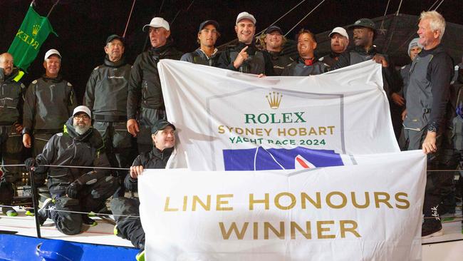 The Sydney to Hobart crew of Law Connect after arriving in Hobart and winning line honours in the early hours of Saturday 28th December 2024. Picture: Linda Higginson