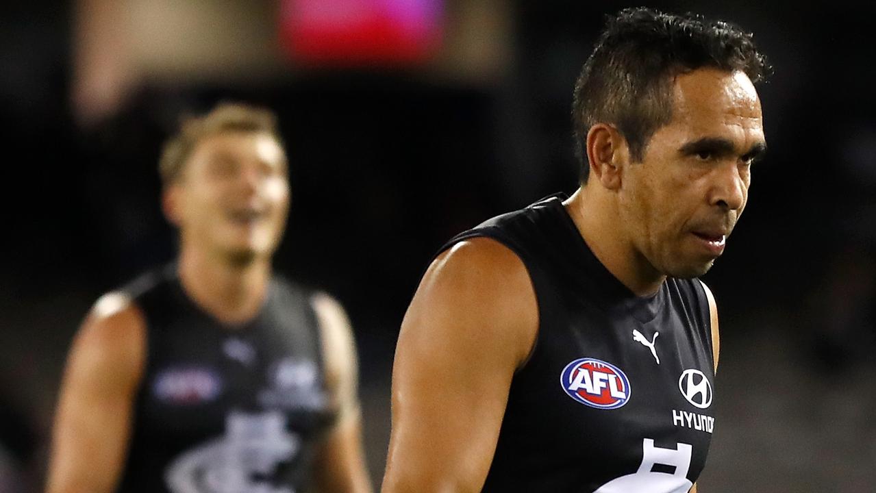 MELBOURNE, AUSTRALIA - APRIL 24: Eddie Betts of the Blues reacts after a loss during the 2021 AFL Round 06 match between the Carlton Blues and the Brisbane Lions at Marvel Stadium on April 24, 2021 in Melbourne, Australia. (Photo by Michael Willson/AFL Photos via Getty Images)