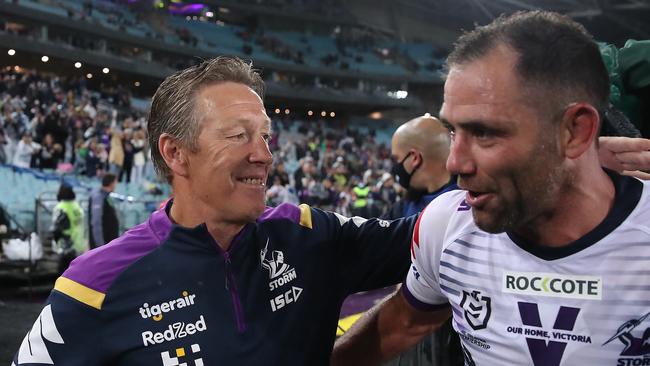 Cameron Smith (R) read Craig Bellamy’s (L) letter 24 hours before kick-off. Picture: Cameron Spencer/Getty