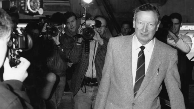 Port Adelaide's David Boyd was among 11 delegates who ran the media gauntlet as they arrived at Football Park today for the SANFL's emergency meeting on August 2, 1990.